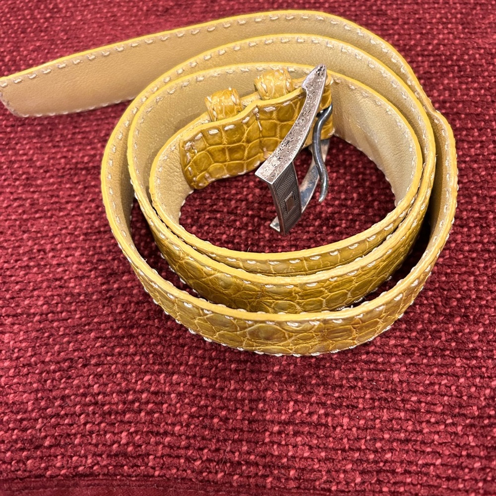 KITON genuine crocodile Mens Belt 42” yellow Leather STERLING SILVER 1177FL
